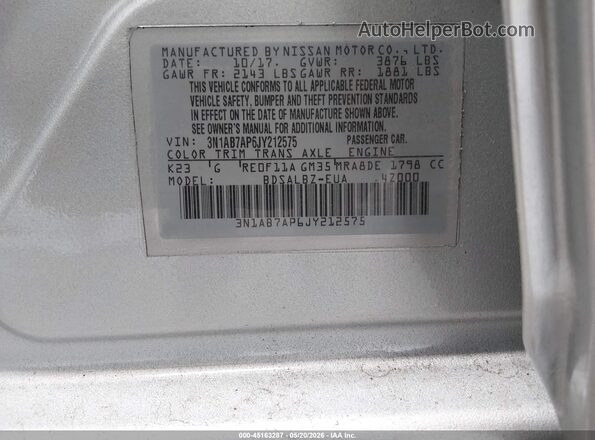 3N1AB7AP6JY212575 2018 NISSAN SENTRA Silver Вид підкапотного простору