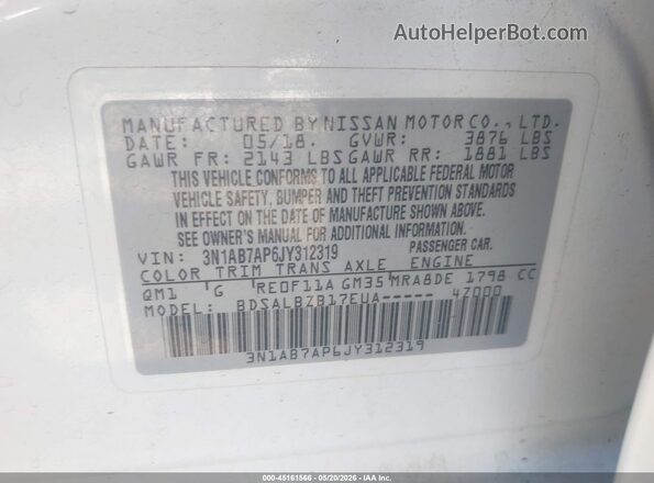 3N1AB7AP6JY312319 2018 NISSAN SENTRA White Vista del compartimento del motor