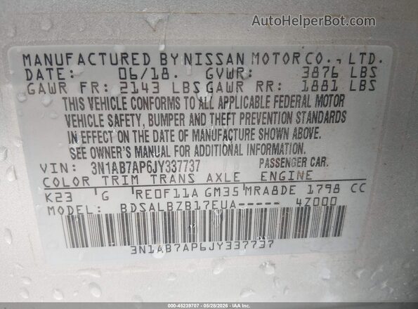 3N1AB7AP6JY337737 2018 NISSAN SENTRA Silver Widok komory silnika