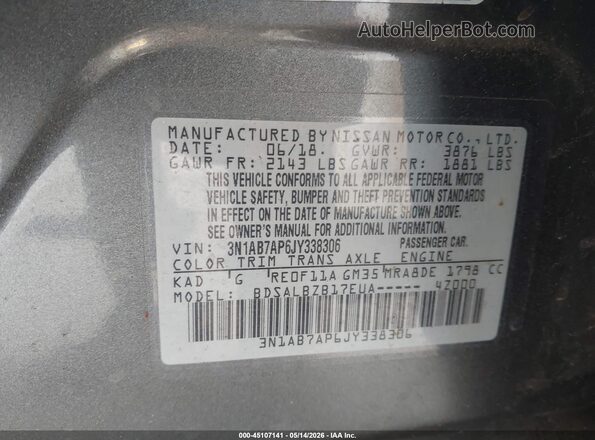 3N1AB7AP6JY338306 2018 NISSAN SENTRA Gray Widok komory silnika