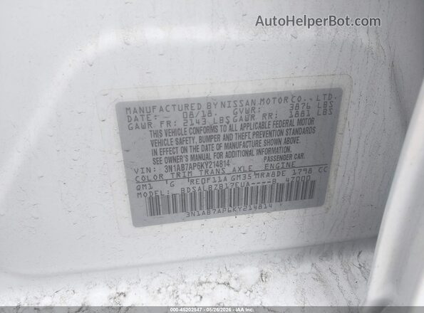 3N1AB7AP6KY214814 2019 NISSAN SENTRA White ძრავის განყოფილების ხედი