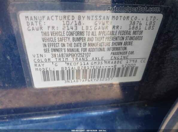 3N1AB7AP6KY252107 2019 NISSAN SENTRA Blue Շարժիչի բաժամունքի տեսք