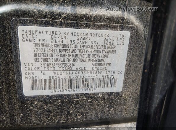 3N1AB7AP6KY339814 2019 NISSAN SENTRA Black Widok komory silnika