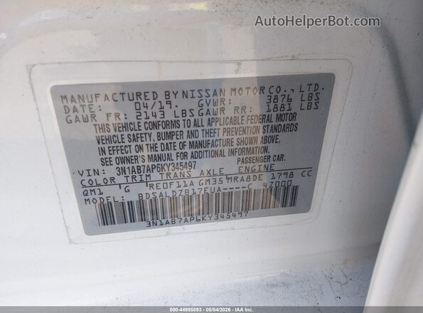 3N1AB7AP6KY345497 2019 NISSAN SENTRA White Widok komory silnika