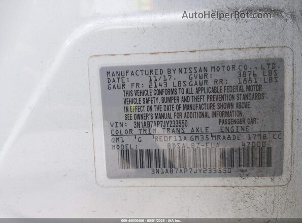 3N1AB7AP7JY233550 2018 NISSAN SENTRA White Շարժիչի բաժամունքի տեսք