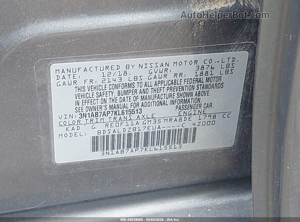 3N1AB7AP7KL615513 2019 NISSAN SENTRA Gray Вид підкапотного простору