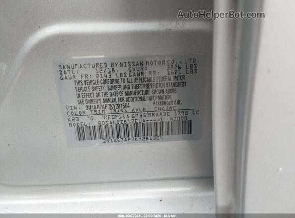 3N1AB7AP7KY281504 2019 NISSAN SENTRA Gray 