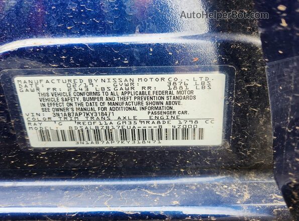 3N1AB7AP7KY318471 2019 NISSAN SENTRA Синий 