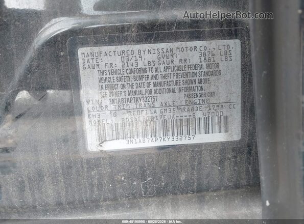 3N1AB7AP7KY332757 2019 NISSAN SENTRA Black Vista del compartimento del motor