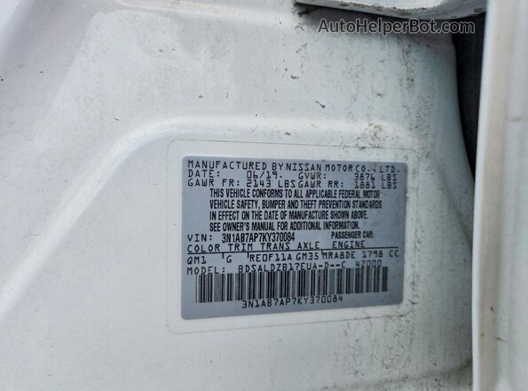 3N1AB7AP7KY370084 2019 NISSAN SENTRA White Widok komory silnika