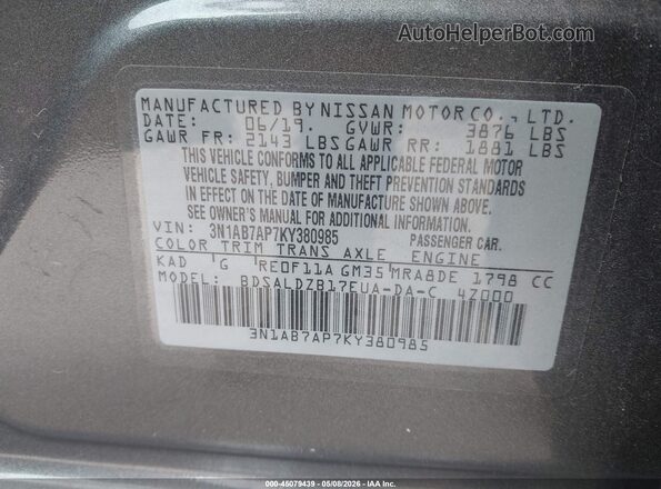 3N1AB7AP7KY380985 2019 NISSAN SENTRA Gray 