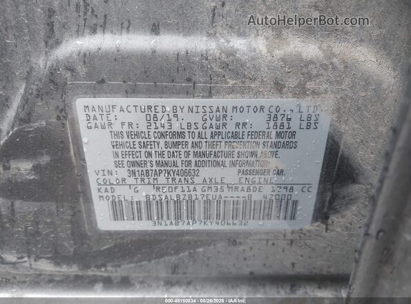 3N1AB7AP7KY406632 2019 NISSAN SENTRA Gray 