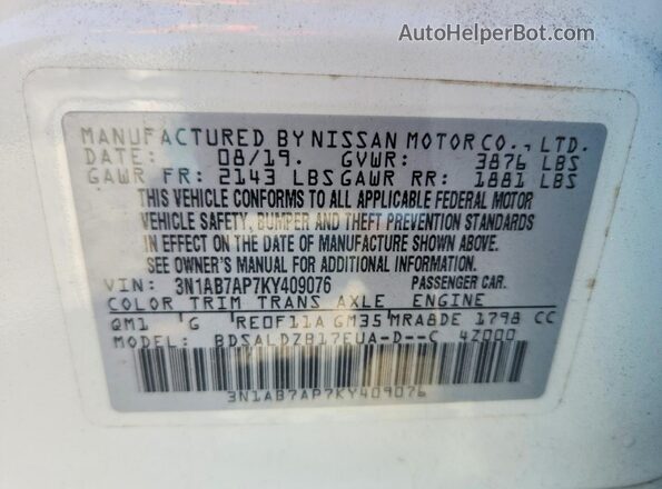 3N1AB7AP7KY409076 2019 NISSAN SENTRA Белый 