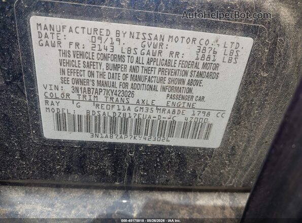 3N1AB7AP7KY423026 2019 NISSAN SENTRA Blue Widok komory silnika
