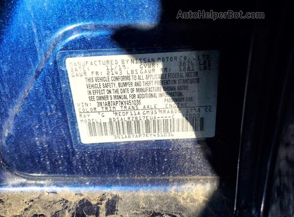 3N1AB7AP7KY451036 2019 NISSAN SENTRA Синий 