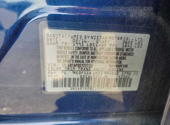 3N1AB7AP8GY237129 2016 NISSAN SENTRA Blue Widok naklejki z numerem VIN