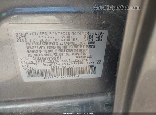 3N1AB7AP8GY289358 2016 NISSAN SENTRA Gray ძრავის განყოფილების ხედი