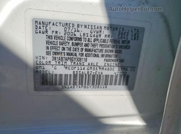 3N1AB7AP8GY308118 2016 NISSAN SENTRA Белый 