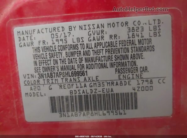 3N1AB7AP8HL699561 2017 NISSAN SENTRA Красный Вид подкапотного пространства