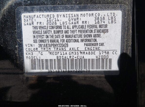 3N1AB7AP8HY220428 2017 NISSAN SENTRA Black Vista del compartimento del motor