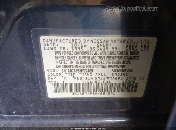 3N1AB7AP8HY224091 2017 NISSAN SENTRA Blue Շարժիչի բաժամունքի տեսք