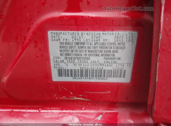 3N1AB7AP8HY336860 2017 NISSAN SENTRA Red Widok komory silnika