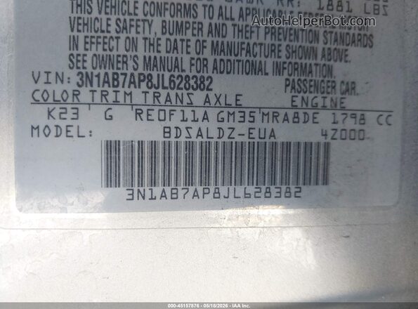 3N1AB7AP8JL628382 2018 NISSAN SENTRA Silver Շարժիչի բաժամունքի տեսք