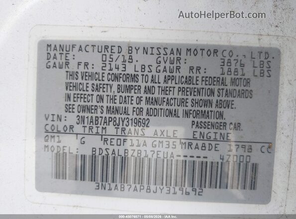 3N1AB7AP8JY319692 2018 NISSAN SENTRA White Vista del compartimento del motor
