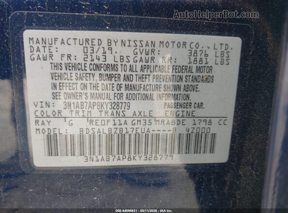 3N1AB7AP8KY328779 2019 NISSAN SENTRA Blue Вид підкапотного простору