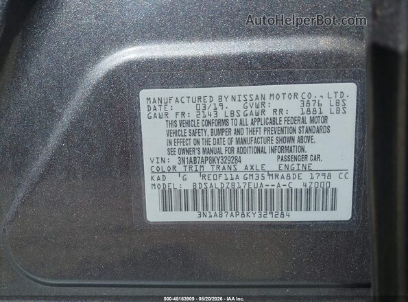 3N1AB7AP8KY329284 2019 NISSAN SENTRA Gray Շարժիչի բաժամունքի տեսք