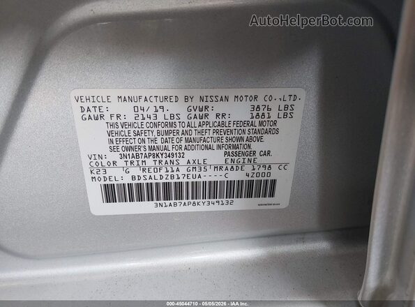 3N1AB7AP8KY349132 2019 NISSAN SENTRA Silver Widok komory silnika