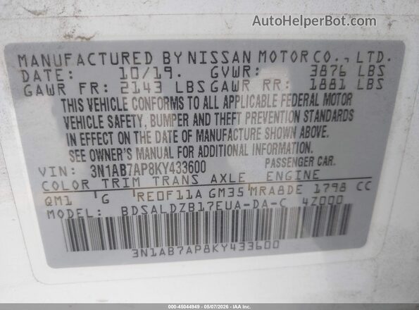 3N1AB7AP8KY433600 2019 NISSAN SENTRA White ძრავის განყოფილების ხედი