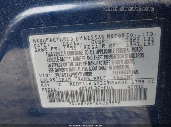 3N1AB7AP9GY219898 2016 NISSAN SENTRA Blue Engine compartment view