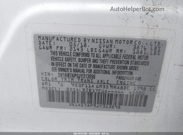 3N1AB7AP9JY313898 2018 NISSAN SENTRA White Շարժիչի բաժամունքի տեսք