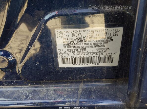 3N1AB7AP9KY373732 2019 NISSAN SENTRA Синий 
