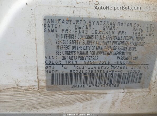 3N1AB7AP9KY375982 2019 NISSAN SENTRA White Շարժիչի բաժամունքի տեսք