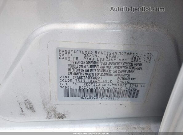 3N1AB7AP9KY409547 2019 NISSAN SENTRA Silver Вид підкапотного простору