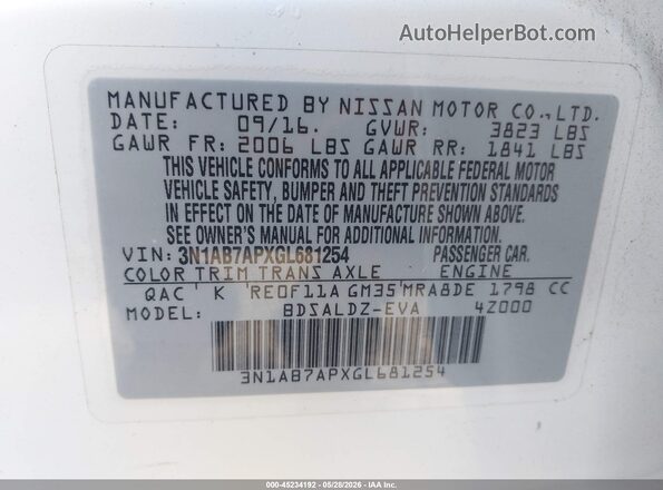3N1AB7APXGL681254 2016 NISSAN SENTRA White Vista del compartimento del motor
