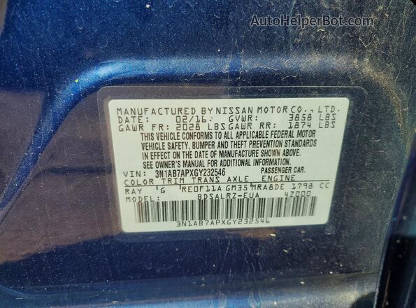 3N1AB7APXGY232546 2016 NISSAN SENTRA Blue Вид підкапотного простору