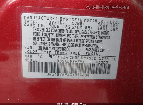 3N1AB7APXGY316804 2016 NISSAN SENTRA Burgundy Vista del compartimento del motor