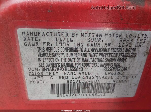 3N1AB7APXHL655643 2017 NISSAN SENTRA Red Вид підкапотного простору