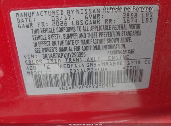 3N1AB7APXHY290996 2017 NISSAN SENTRA Red ძრავის განყოფილების ხედი