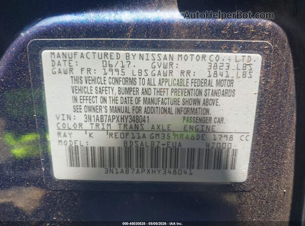 3N1AB7APXHY348041 2017 NISSAN SENTRA Синий Вид подкапотного пространства