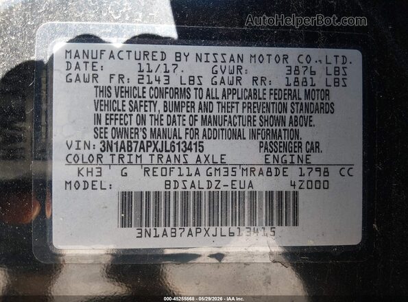 3N1AB7APXJL613415 2018 NISSAN SENTRA Black Engine compartment view