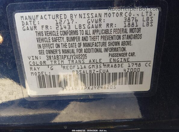3N1AB7APXJY248205 2018 NISSAN SENTRA Blue Вид підкапотного простору