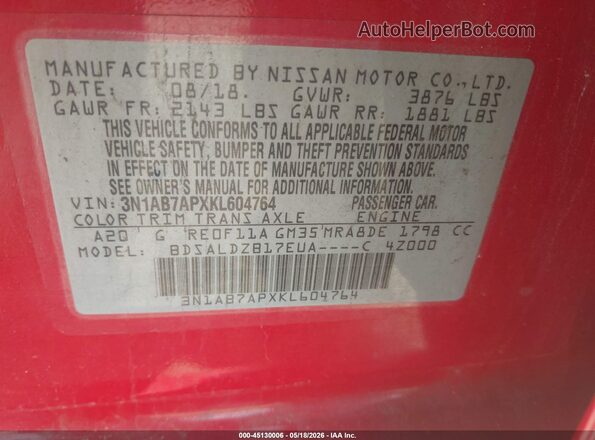 3N1AB7APXKL604764 2019 NISSAN SENTRA Red Vista del compartimento del motor