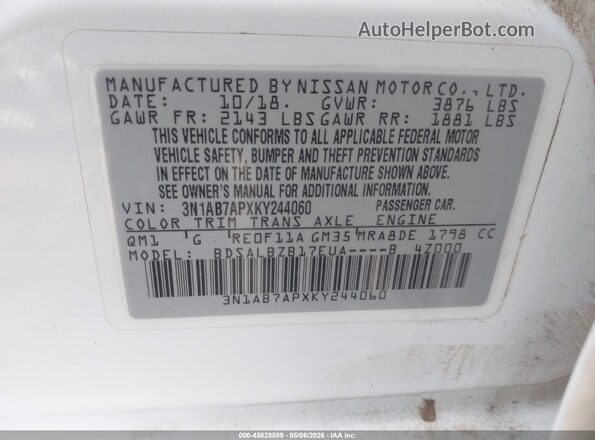 3N1AB7APXKY244060 2019 NISSAN SENTRA White Вид підкапотного простору