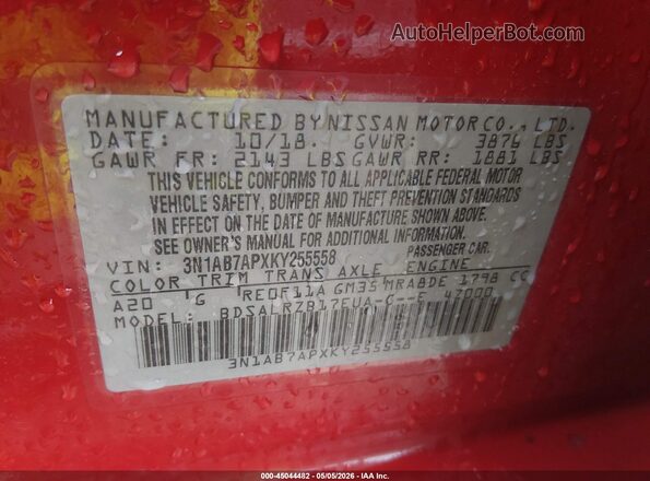 3N1AB7APXKY255558 2019 NISSAN SENTRA Red Vista del compartimento del motor