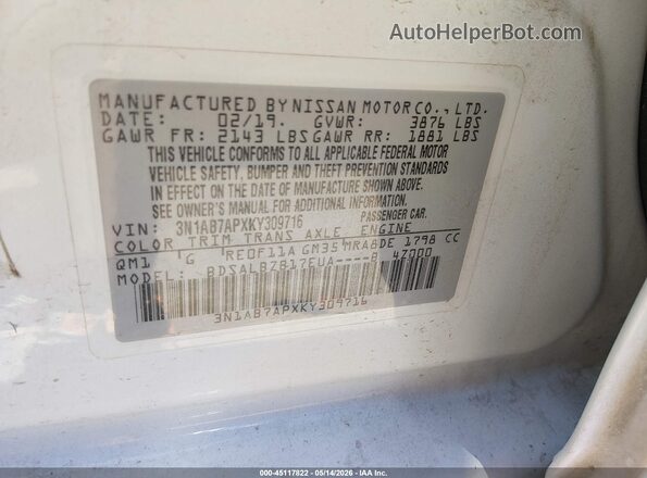 3N1AB7APXKY309716 2019 NISSAN SENTRA White Вид підкапотного простору