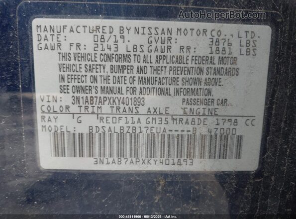 3N1AB7APXKY401893 2019 NISSAN SENTRA Blue Vista del compartimento del motor
